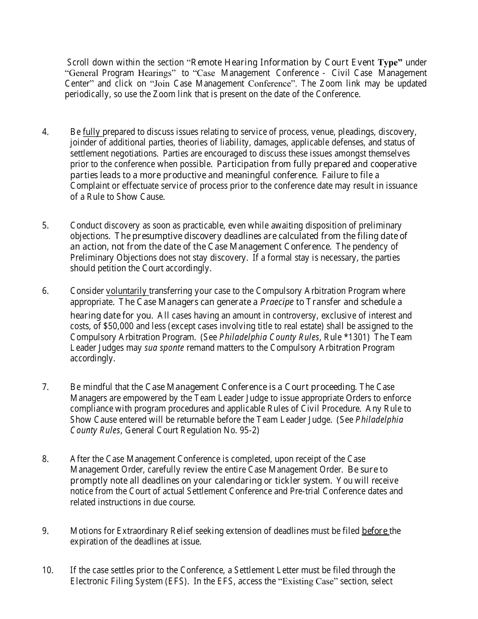 Form 01-105 Case Management Conference Memorandum - Philadelphia County, Pennsylvania, Page 2