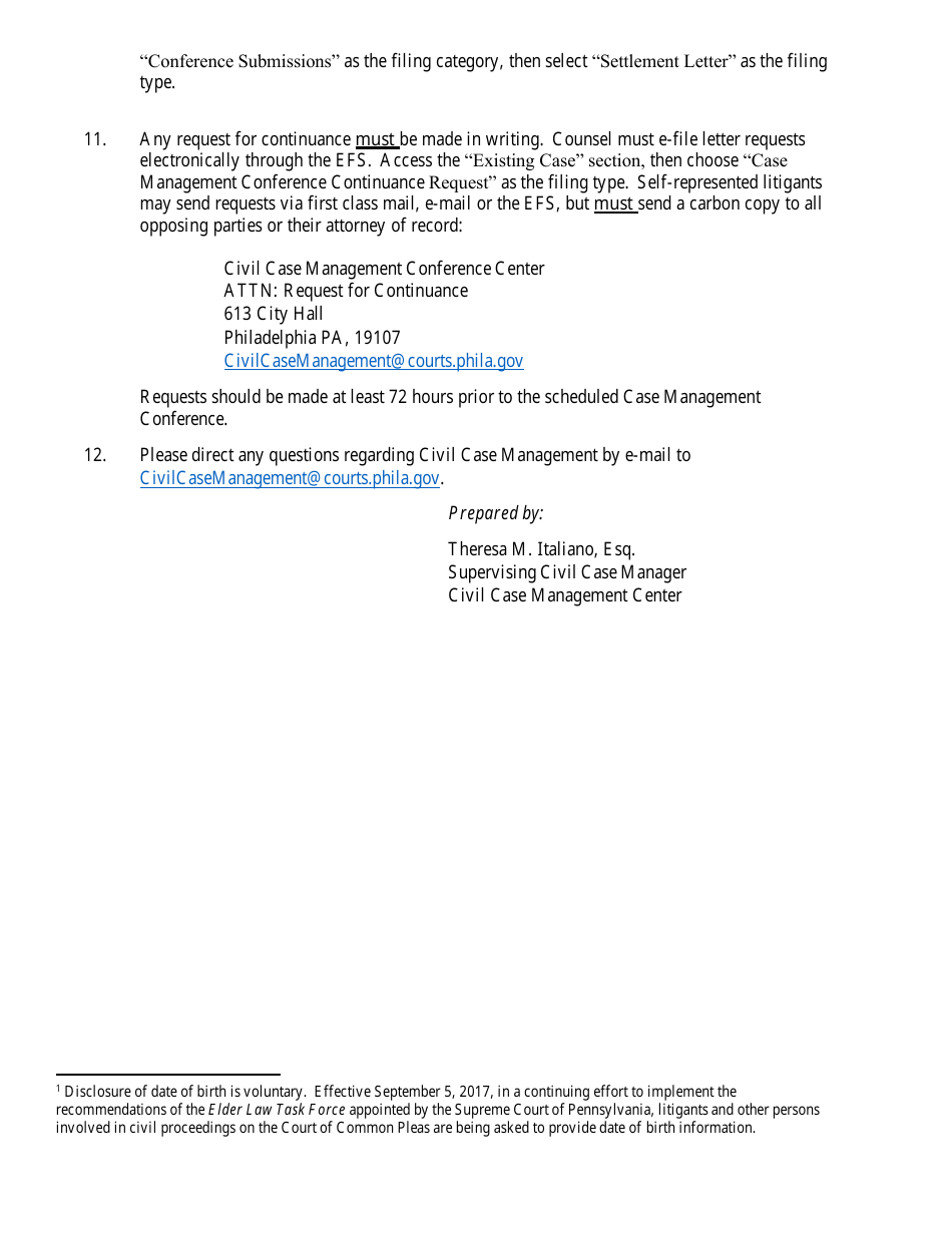 Form 01-105 Case Management Conference Memorandum - Philadelphia County, Pennsylvania, Page 3