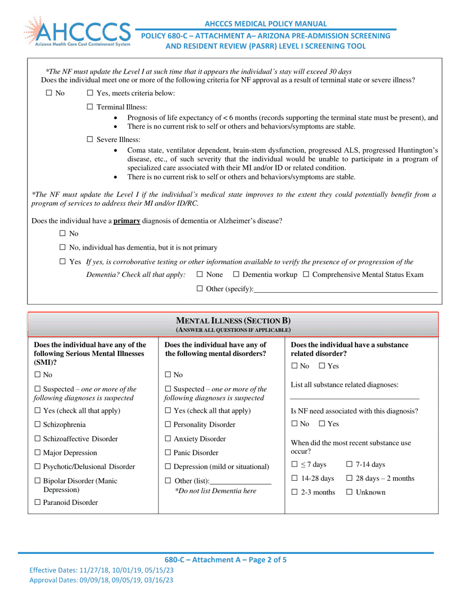 Attachment A Policy 680-c - Arizona Pre-admission Screening and Resident Review (Pasrr) Level I Screening Tool - Arizona, Page 2
