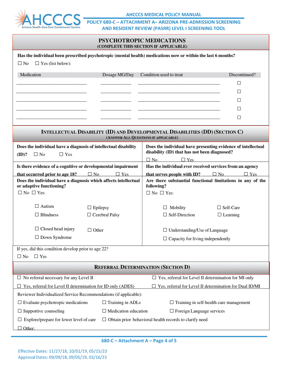 Attachment A Policy 680-c - Arizona Pre-admission Screening and Resident Review (Pasrr) Level I Screening Tool - Arizona, Page 4