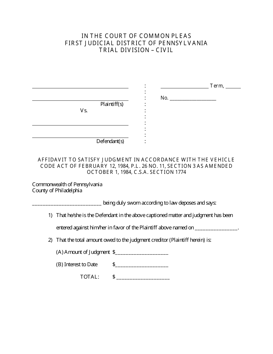 Affidavit to Satisfy Judgment - Motor Vehicle Case - Philadelphia County, Pennsylvania, Page 2