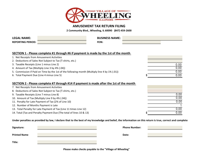Amusement Tax Return - Village of Wheeling, Illinois Download Pdf