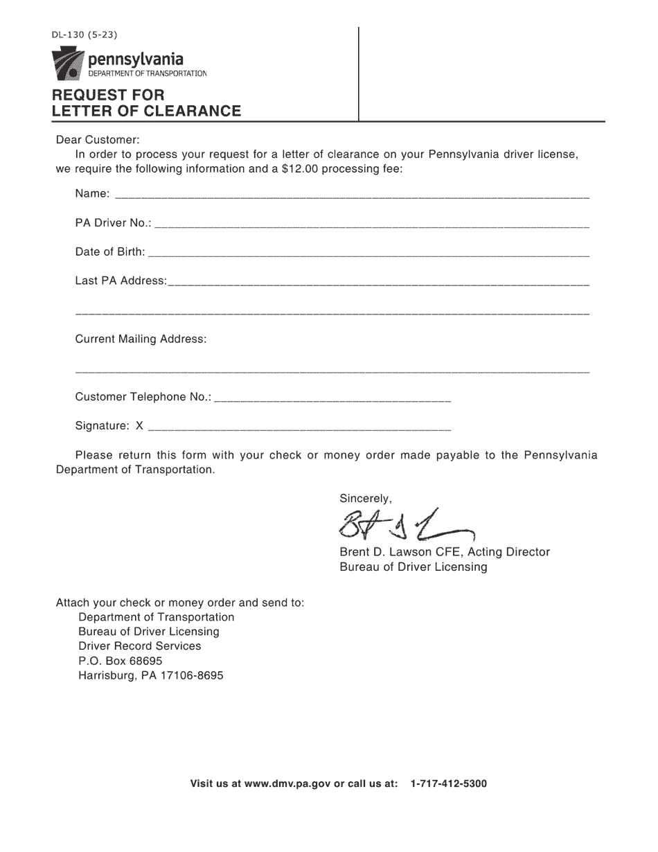 Form DL-130 Request for Letter of Clearance - Pennsylvania, Page 1
