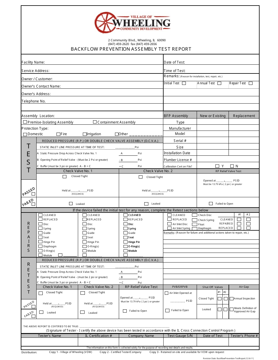 Village Of Wheeling, Illinois Backflow Prevention Assembly Test Report ...