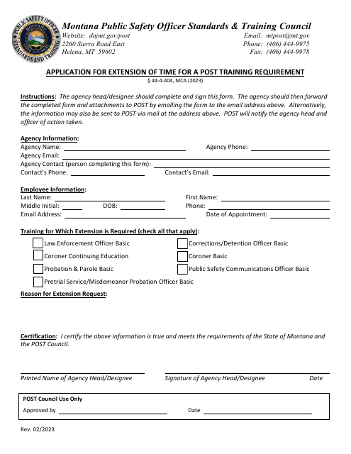 Application for Extension of Time for a Post Training Requirement - Montana Download Pdf