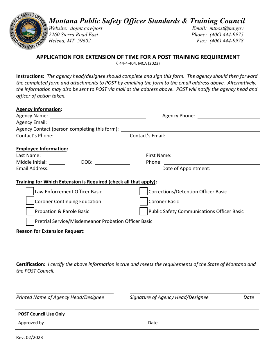 Application for Extension of Time for a Post Training Requirement - Montana, Page 1