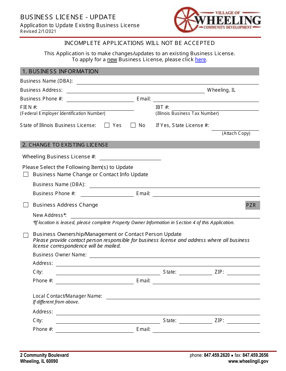 Business License Update Application - Village of Wheeling, Illinois, Page 1