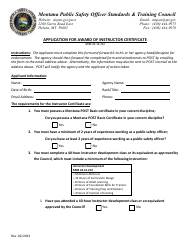 Document preview: Application for Award of Instructor Certificate - Montana