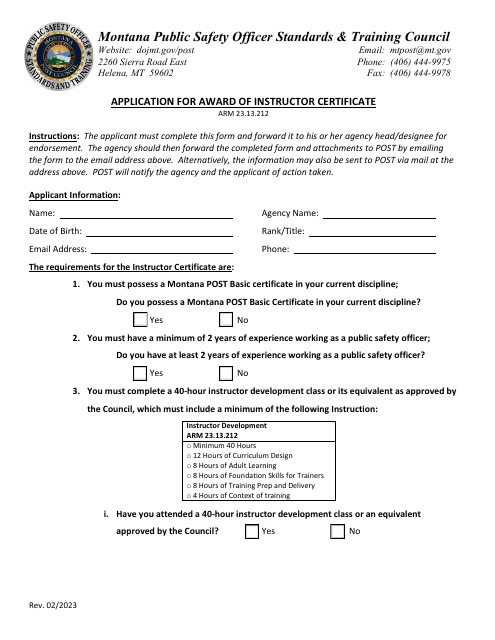 Application for Award of Instructor Certificate - Montana Download Pdf