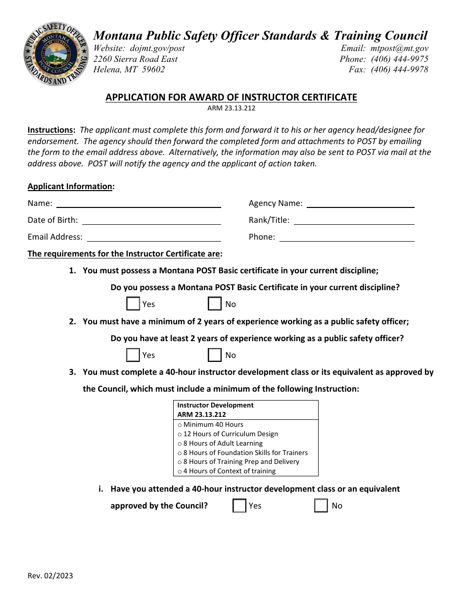 Application for Award of Instructor Certificate - Montana, Page 1