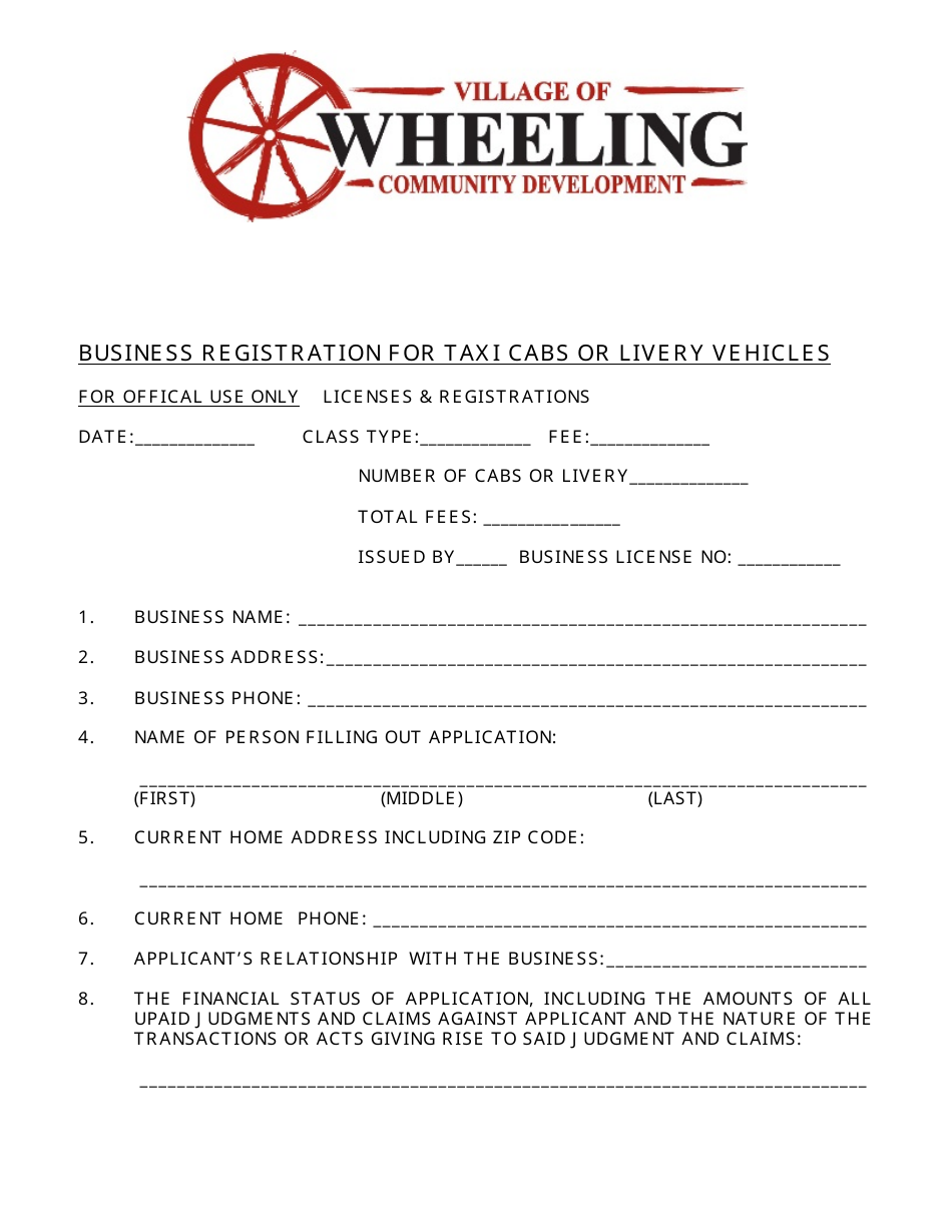 Business Registration for Taxi Cabs or Livery Vehicles - Village of Wheeling, Illinois, Page 1
