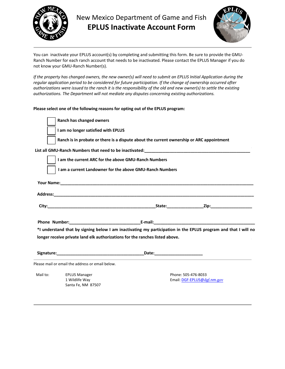 Eplus Inactivate Account Form - New Mexico, Page 1