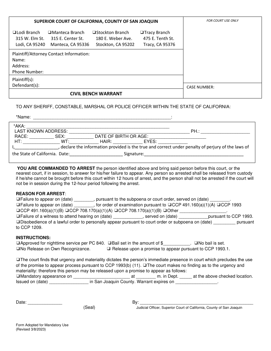 Form Sup. Ct.2 Civil Bench Warrant - County of San Joaquin, California, Page 1