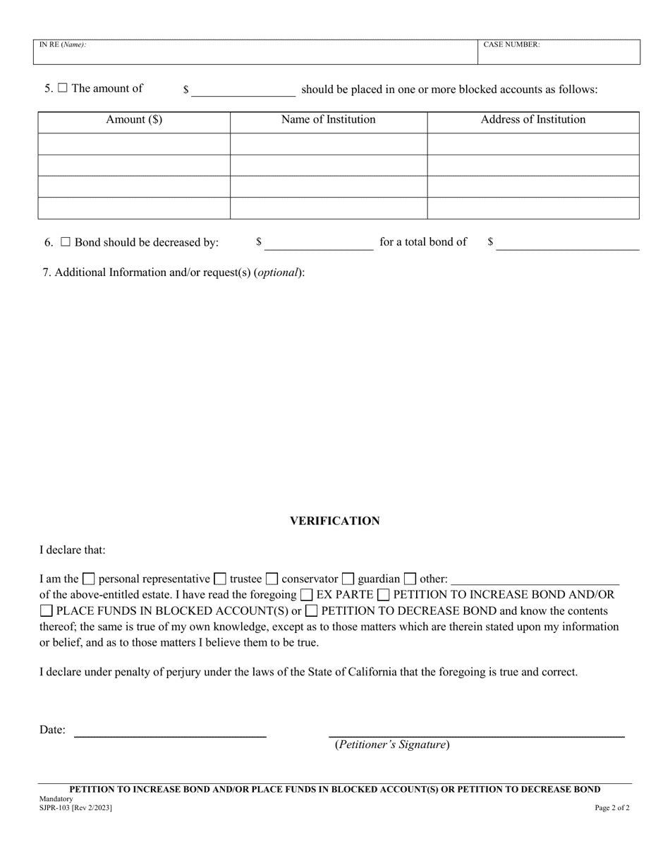 Form SJPR-103 Petition to Increase Bond and / or Place Funds in Blocked Account(S) or Petition to Decrease Bond - County of San Joaquin, California, Page 2