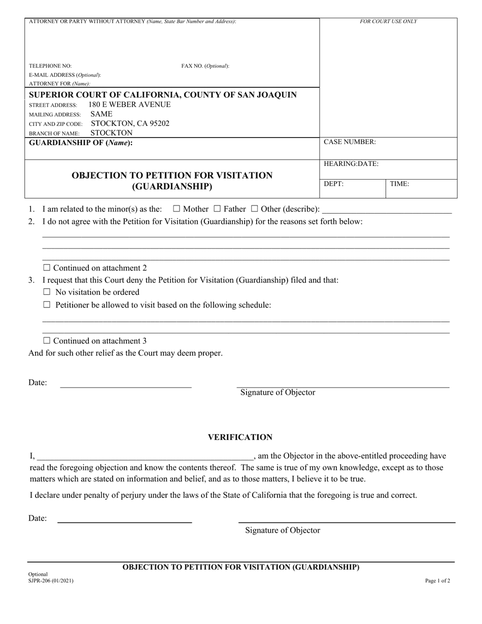 Form SJPR-206 Objection to Petition for Visitation (Guardianship) - County of San Joaquin, California, Page 1
