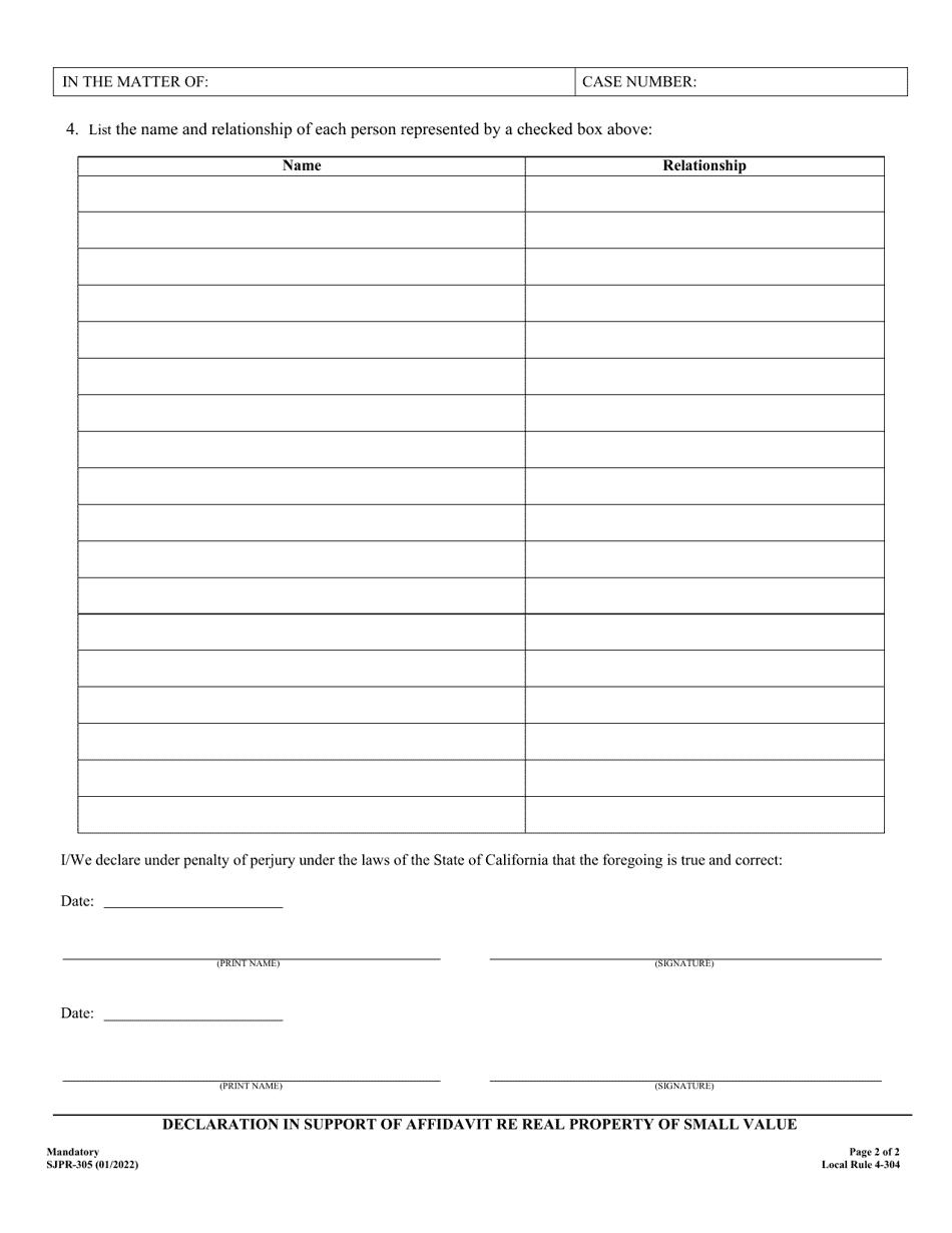 Form SJPR-305 Declaration in Support of Affidavit Re Real Property of Small Value - County of San Joaquin, California, Page 2