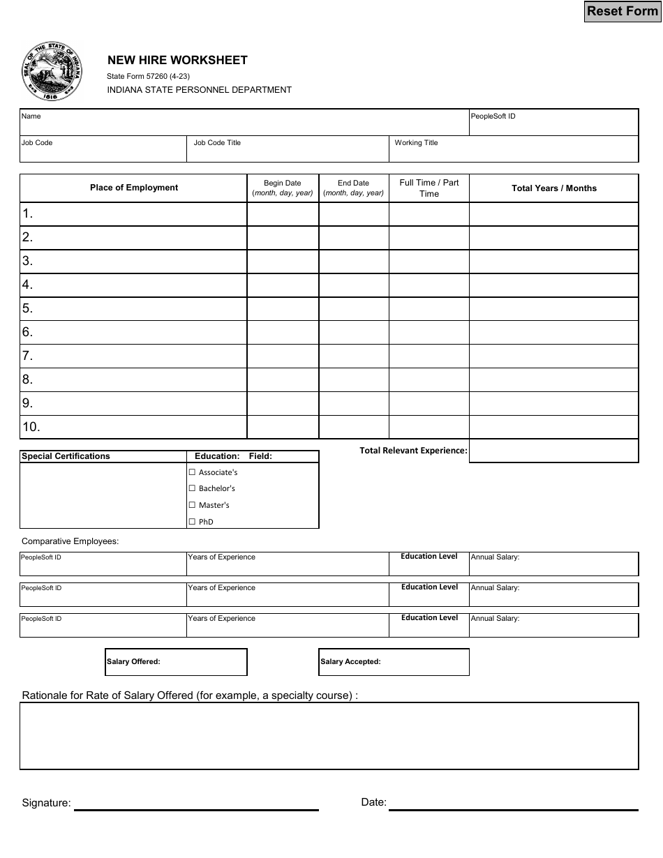 State Form 57260 New Hire Worksheet - Indiana, Page 1