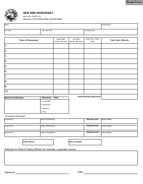 State Form 57260 New Hire Worksheet - Indiana