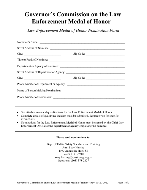 Law Enforcement Medal of Honor Nomination Form - Oregon Download Pdf