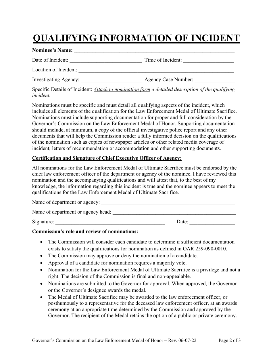 Law Enforcement Medal of Ultimate Sacrifice Nomination Form - Oregon, Page 2