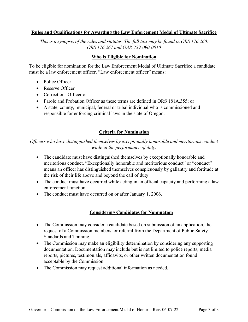 Law Enforcement Medal of Ultimate Sacrifice Nomination Form - Oregon, Page 3