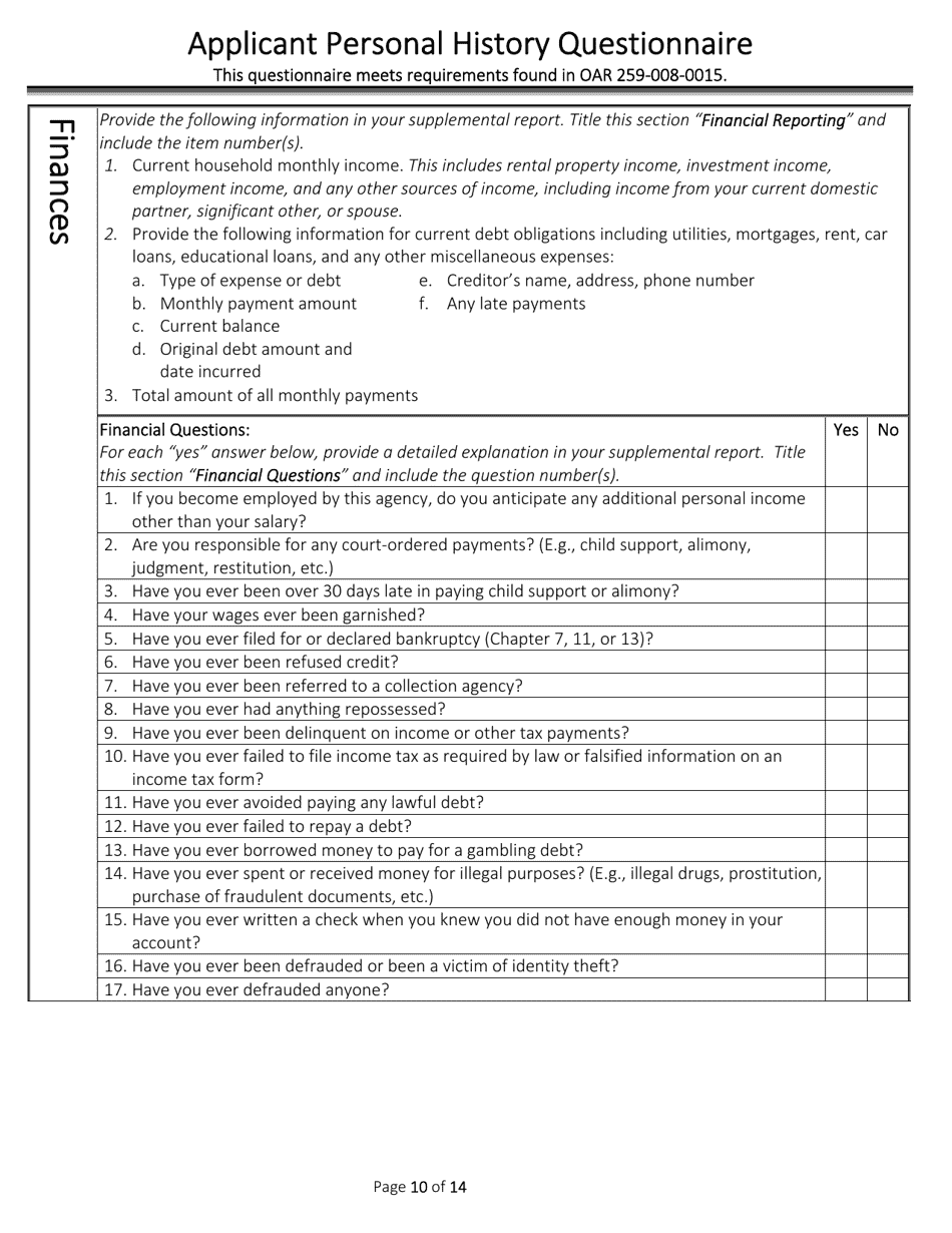 Applicant Personal History Questionnaire - Oregon, Page 10