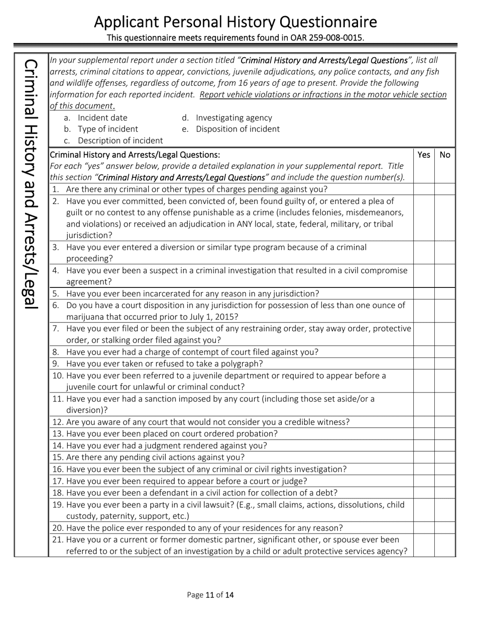 Applicant Personal History Questionnaire - Oregon, Page 11