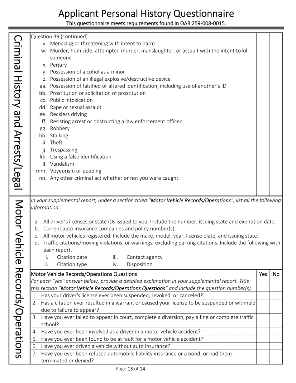 Applicant Personal History Questionnaire - Oregon, Page 13