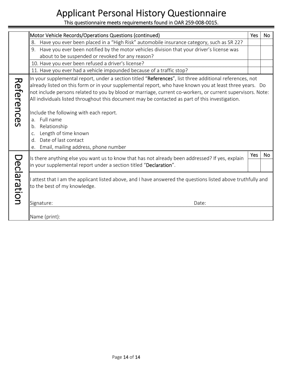 Applicant Personal History Questionnaire - Oregon, Page 14