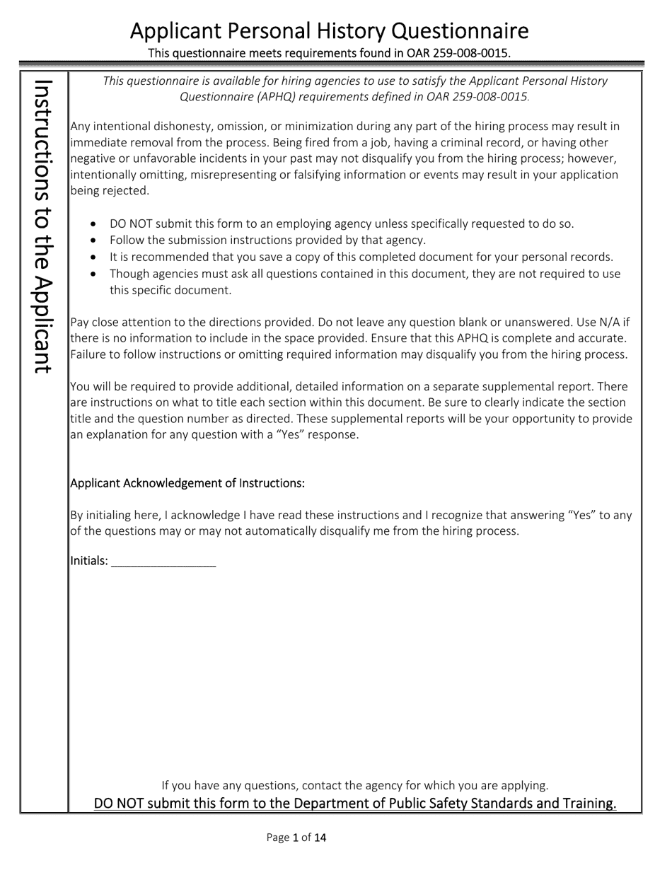 Applicant Personal History Questionnaire - Oregon, Page 1