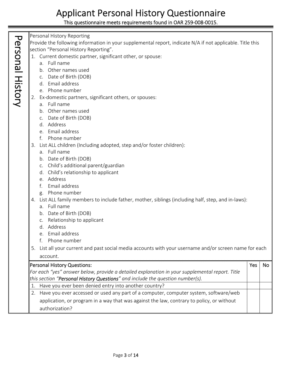 Applicant Personal History Questionnaire - Oregon, Page 3