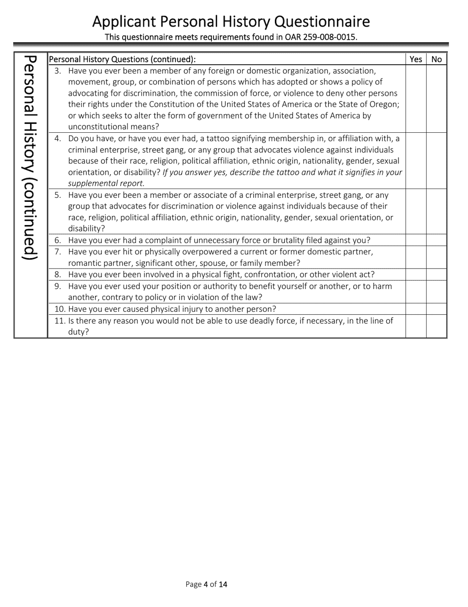 Applicant Personal History Questionnaire - Oregon, Page 4