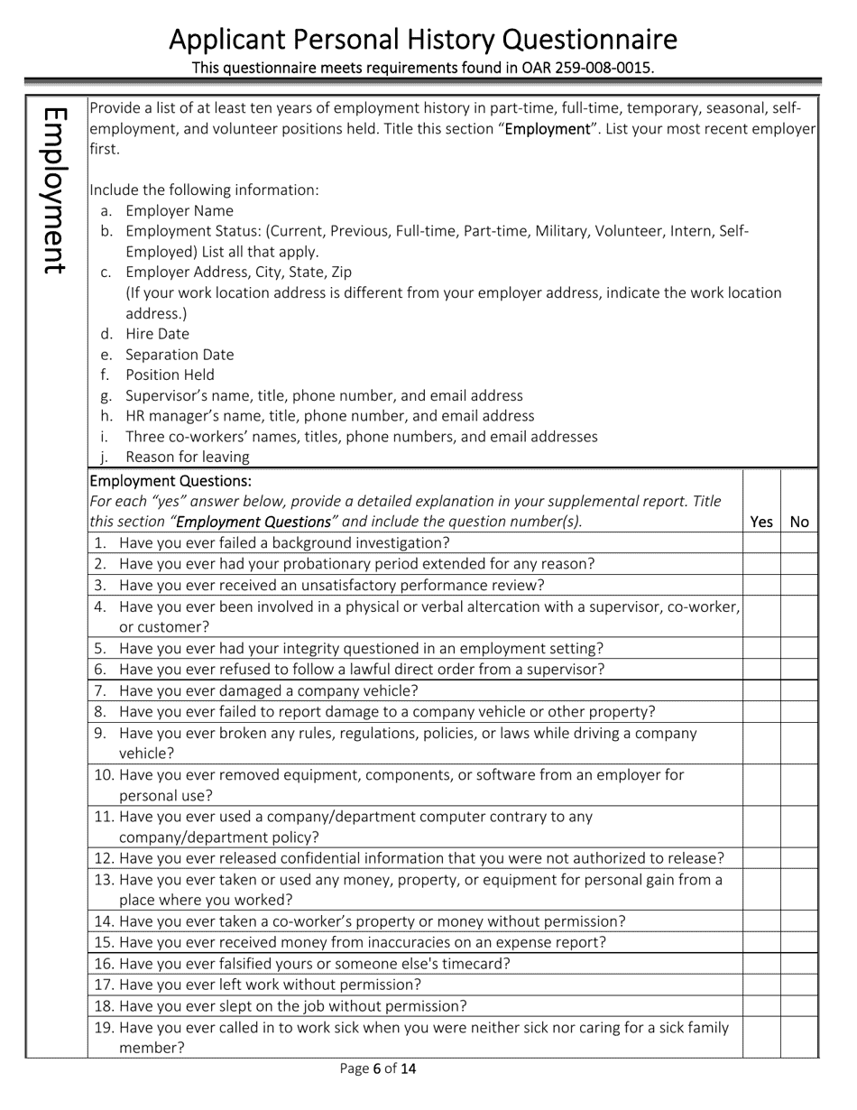 Applicant Personal History Questionnaire - Oregon, Page 6
