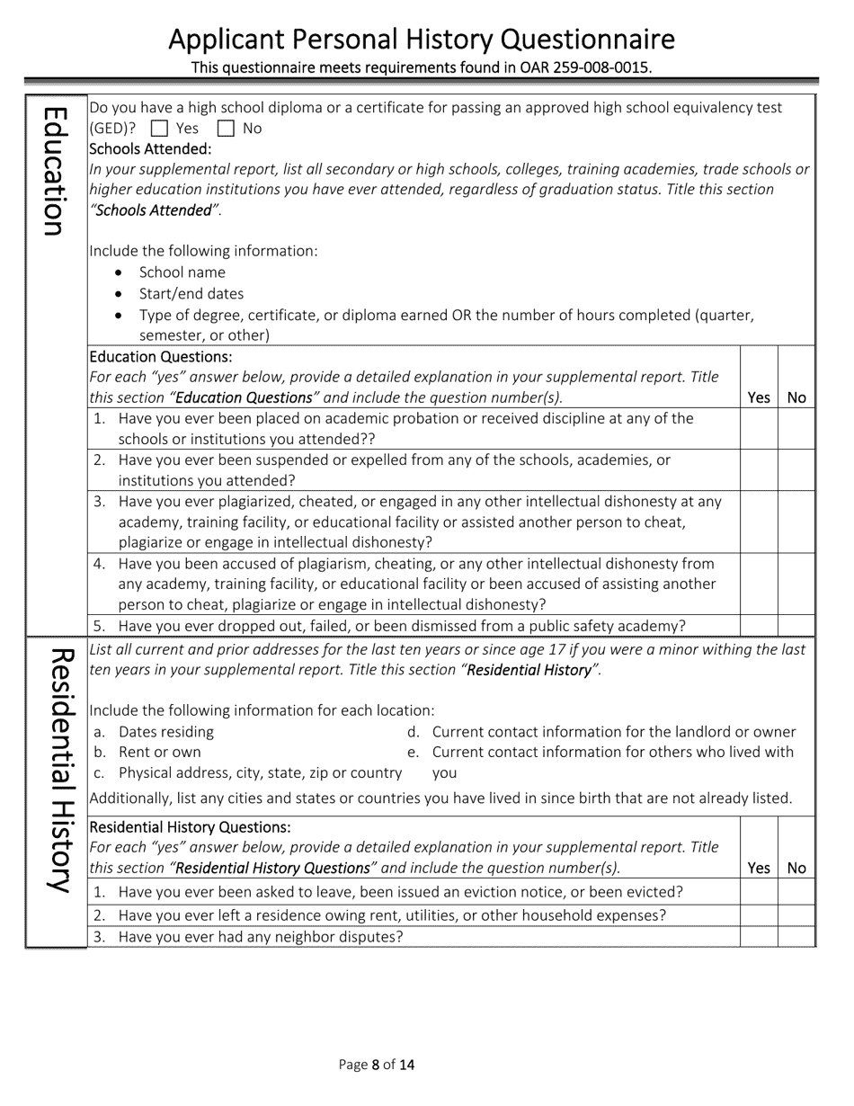 Applicant Personal History Questionnaire - Oregon, Page 8