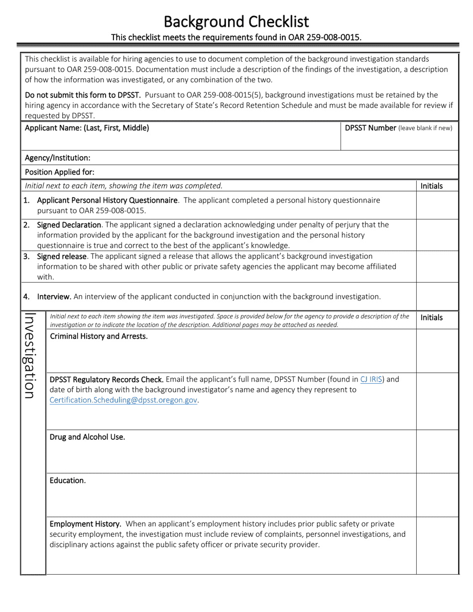 Background Checklist - Oregon, Page 1