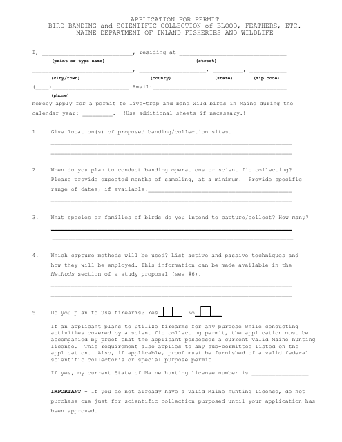 Application for Permit Bird Banding and Scientific Collection of Blood, Feathers, Etc. - Maine Download Pdf