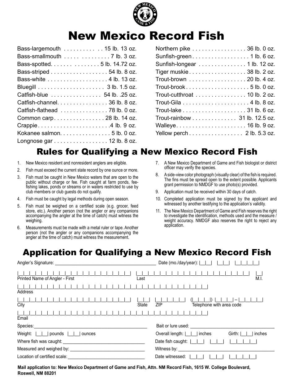 Application for Qualifying a New Mexico Record Fish - New Mexico, Page 1