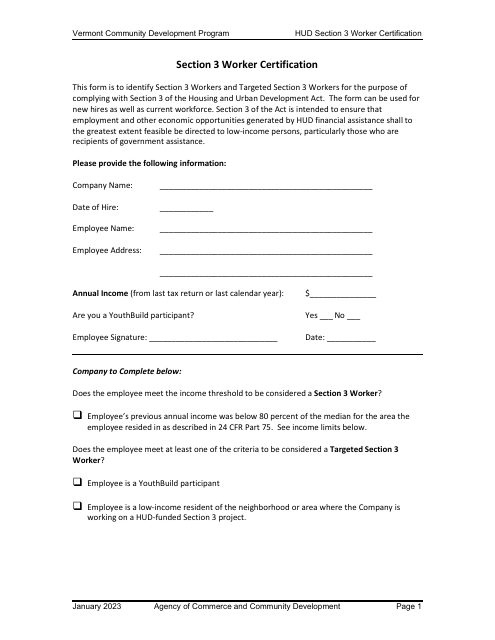Hud Section 3 Worker Certification - Vermont Community Development Program - Vermont Download Pdf