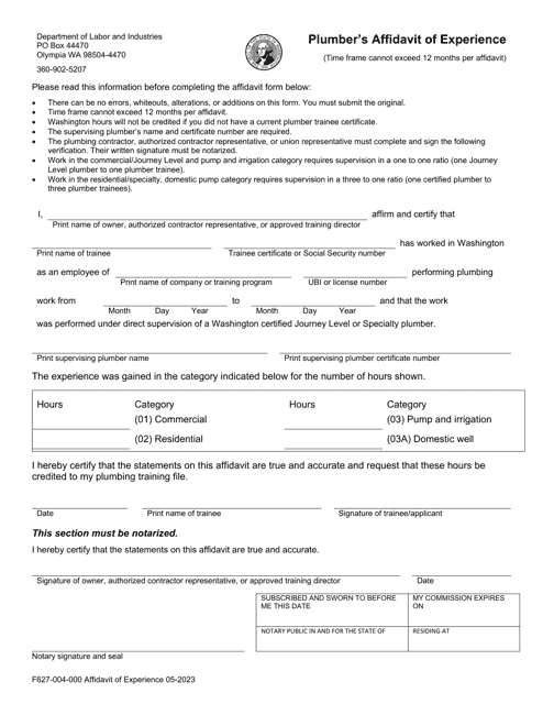 Form F627-004-000 Plumber's Affidavit of Experience - Washington