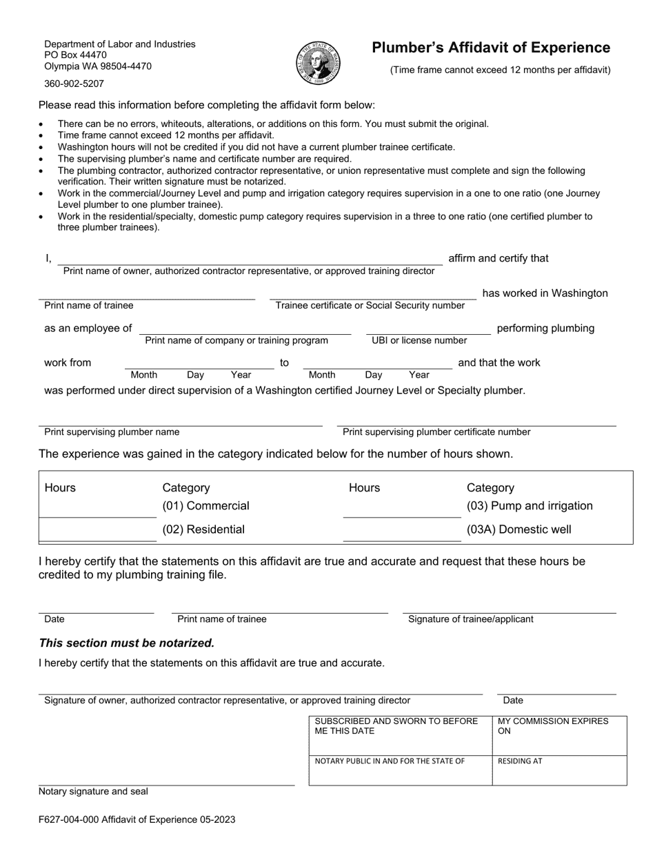 Form F627-004-000 Plumbers Affidavit of Experience - Washington, Page 1