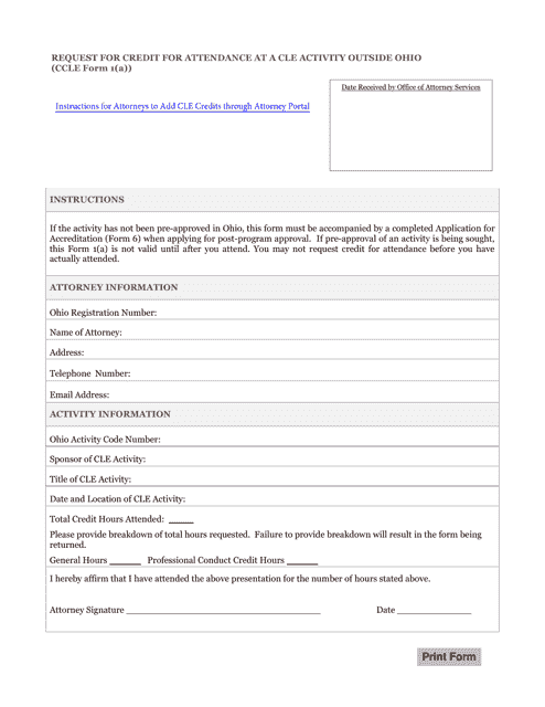 CCLE Form 1(A) Request for Credit for Attendance at a Cle Activity Outside Ohio - Ohio