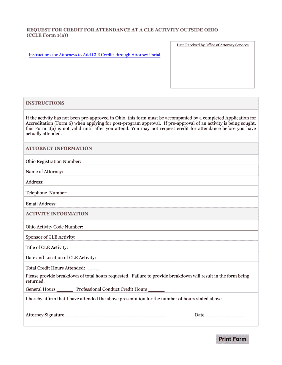 CCLE Form 1(A) Request for Credit for Attendance at a Cle Activity Outside Ohio - Ohio, Page 1