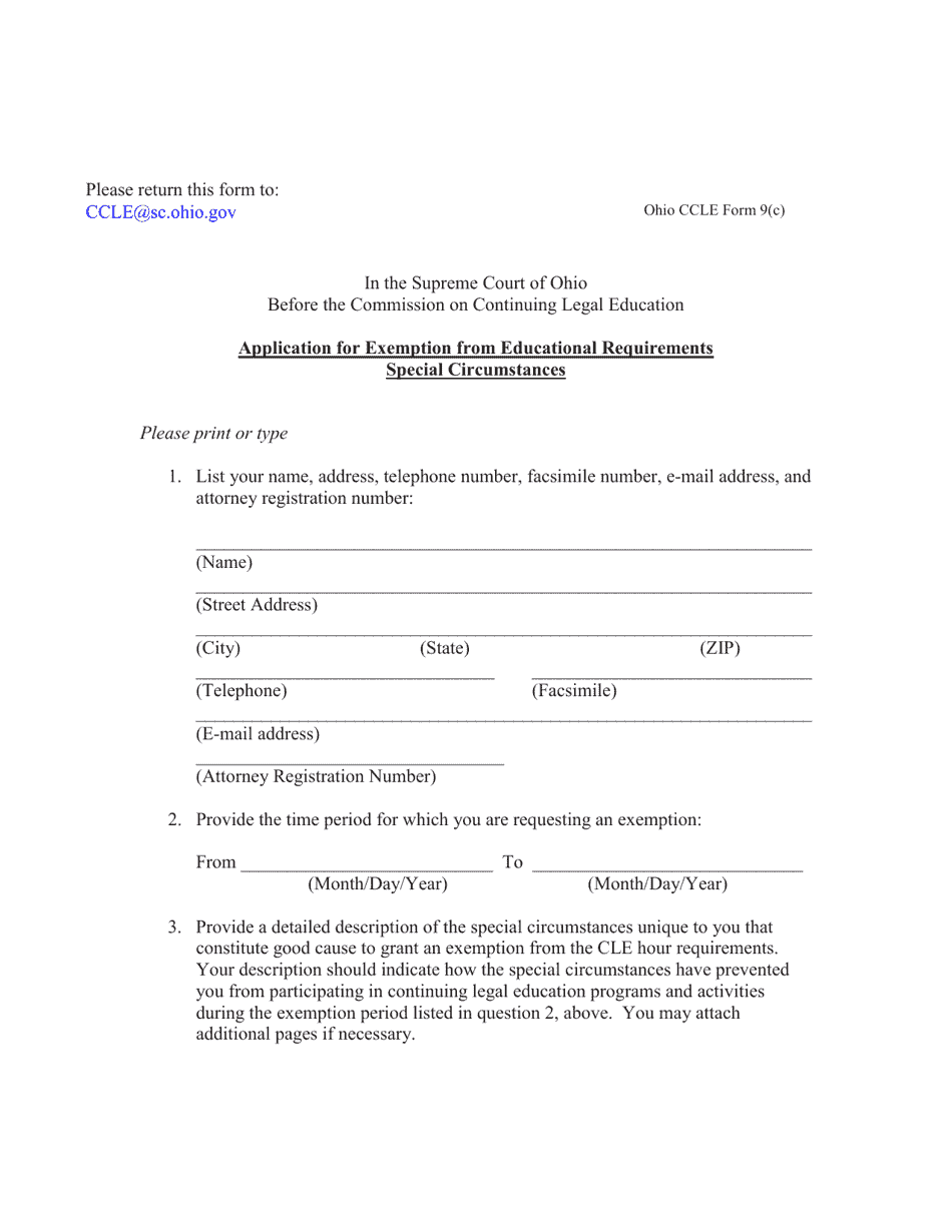 CCLE Form 9(C) Application for Exemption From Educational Requirements Special Circumstances - Ohio, Page 1