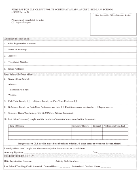 CCLE Form 3 Request for Cle Credit for Teaching at an Aba Accredited Law School - Ohio