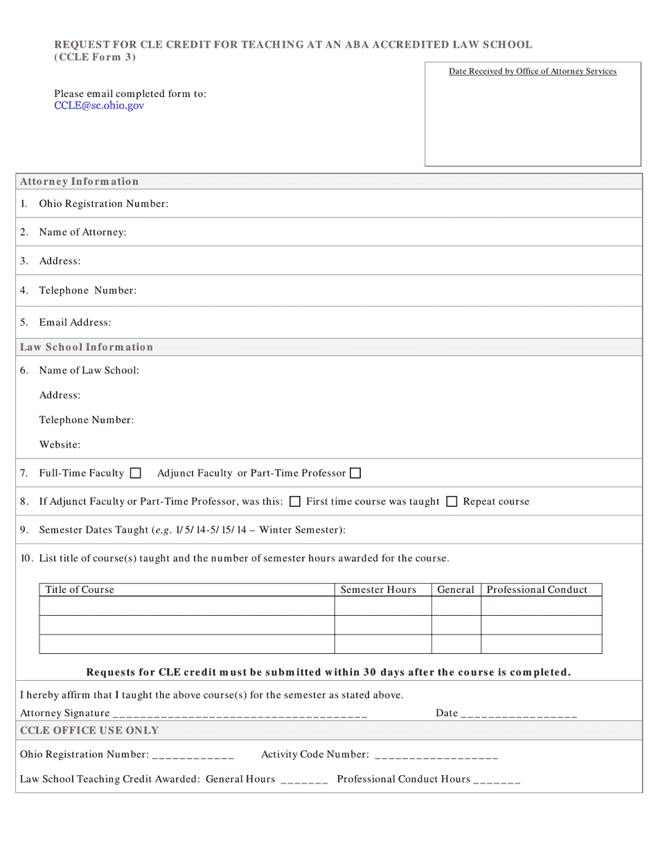 CCLE Form 3 Request for Cle Credit for Teaching at an Aba Accredited Law School - Ohio, Page 1