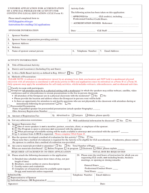 CCLE Form 8 Uniform Application for Accreditation of a Special Program or Activity for Continuing Legal Education - Ohio
