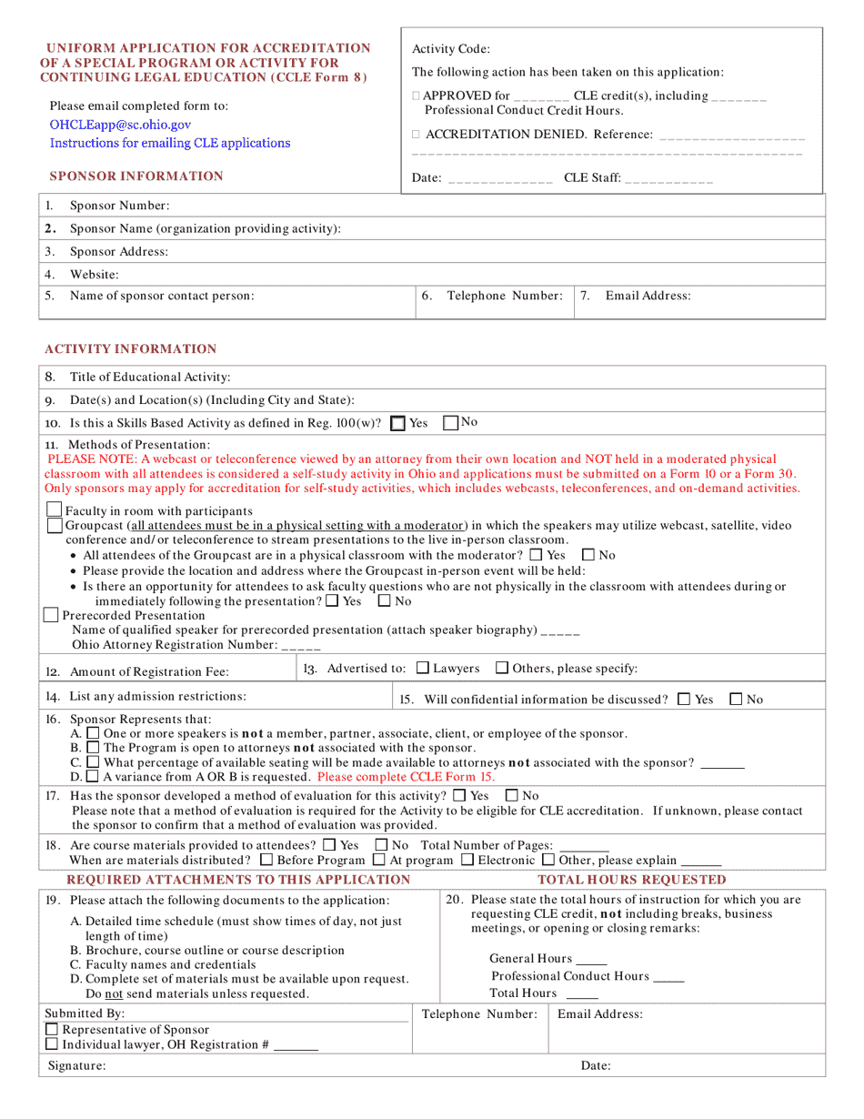 CCLE Form 8 Uniform Application for Accreditation of a Special Program or Activity for Continuing Legal Education - Ohio, Page 1
