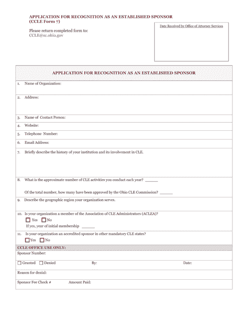 CCLE Form 7 Application for Recognition as an Established Sponsor - Ohio