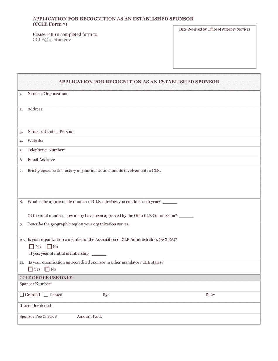 CCLE Form 7 Application for Recognition as an Established Sponsor - Ohio, Page 1