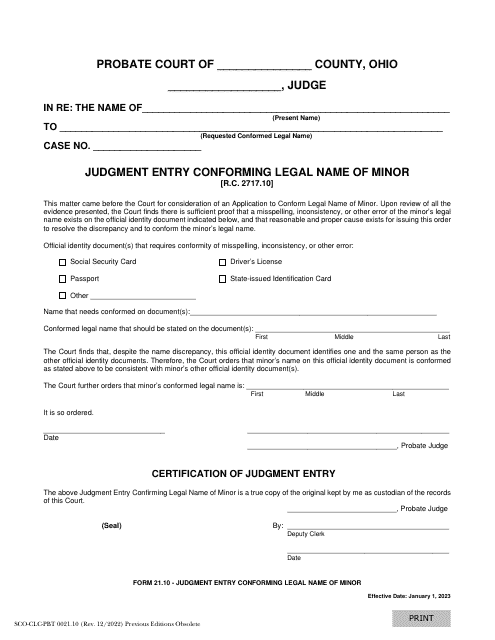 Form 21.10 (SCO-CLC-PBT0021.10) Judgment Entry Conforming Legal Name of Minor - Ohio